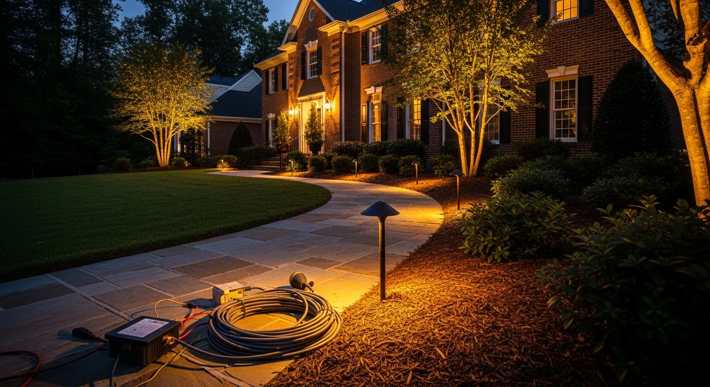 Outdoor landscape lighting illuminating garden beds and pathways