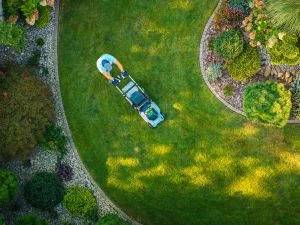 Aerial view of manicured lawn with garden beds, stone edging, and flowering plants
