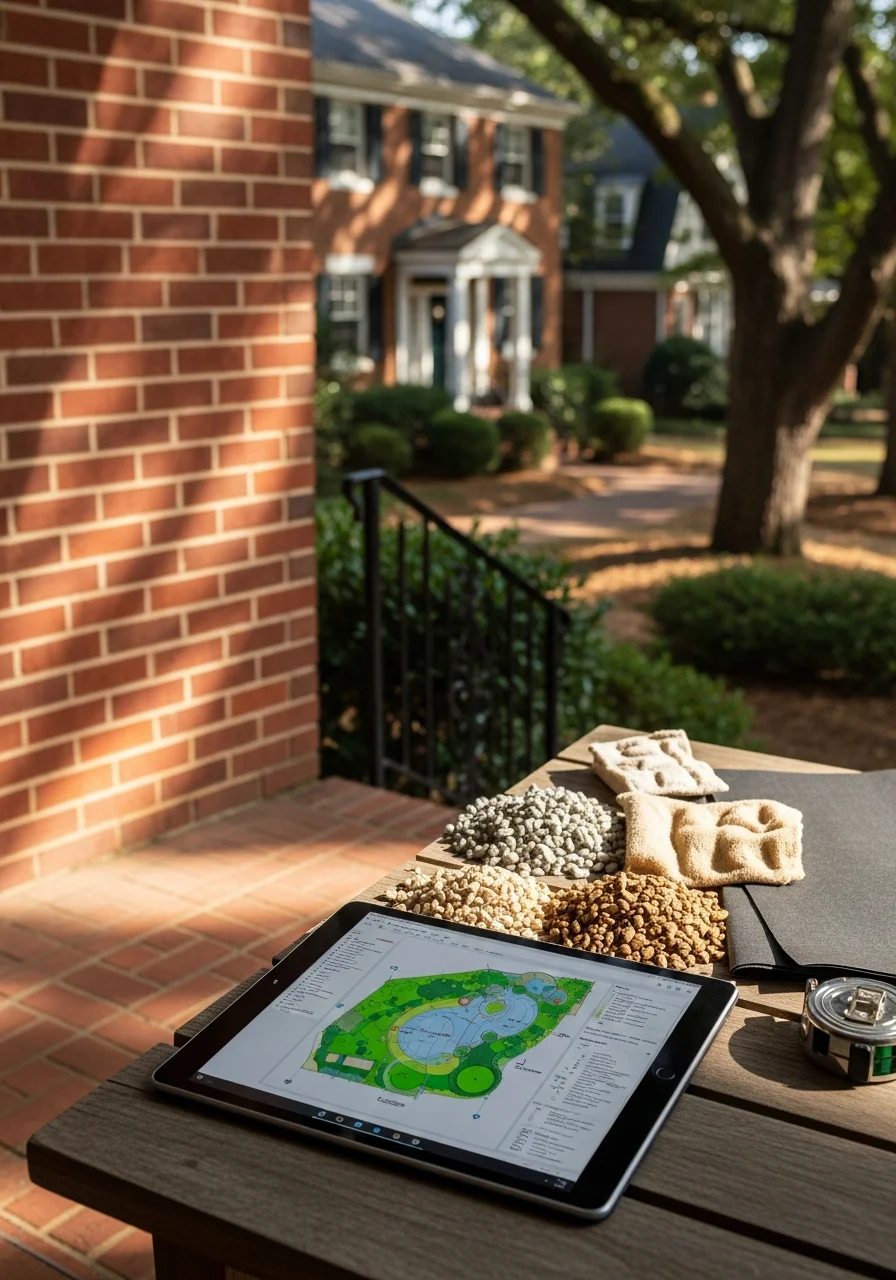 Professional contractor reviewing plans on a Charlotte residential property with brick exterior and mature trees.