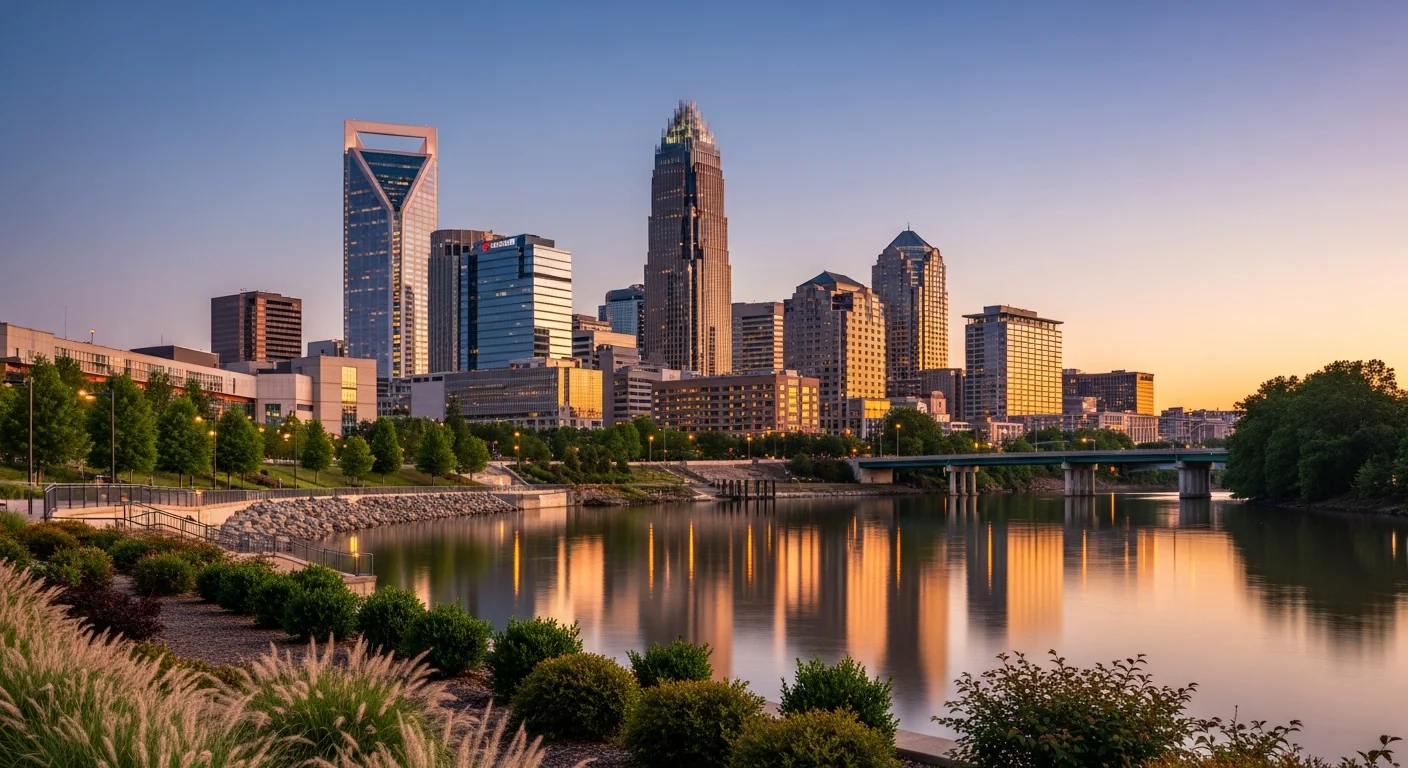 Charlotte skyline at dusk with uptown buildings reflected in water, showing the city's urban landscape.