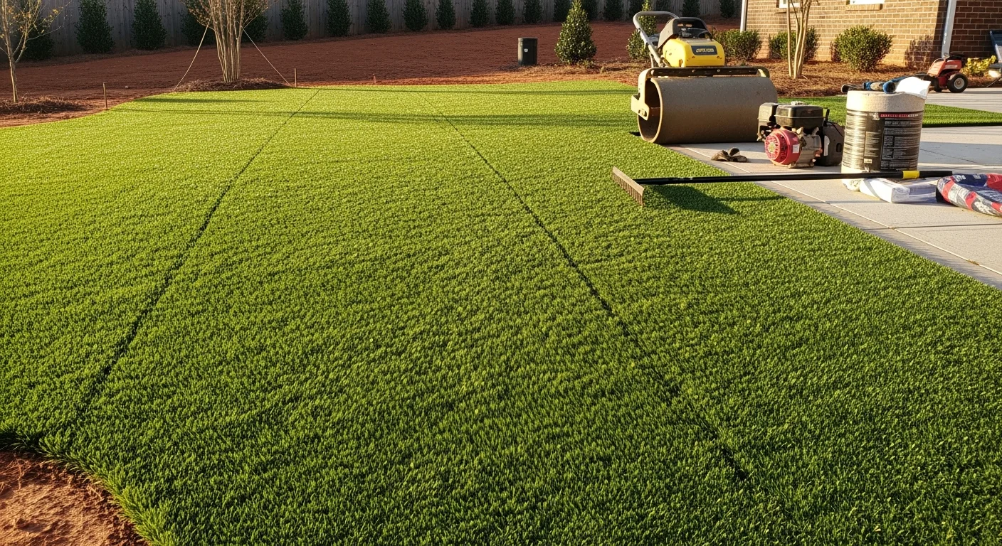 Freshly installed artificial turf covering a residential backyard in Fort Mill, SC, with clean edges along a wood fence line and a patio border. The surface shows even, full coverage with no bare patches or seams visible.