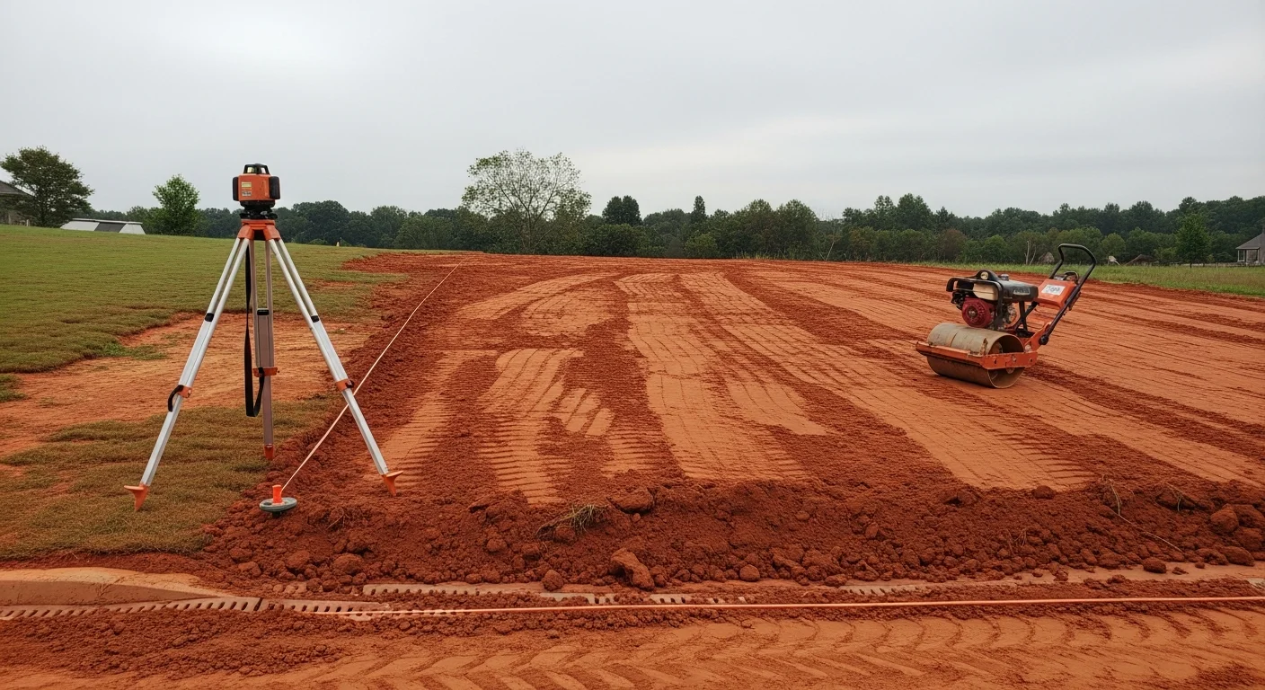 A freshly graded residential backyard in Fort Mill, South Carolina, showing smooth, evenly sloped soil contoured away from the home's foundation. The regraded surface is prepared and ready for sod or landscaping installation.