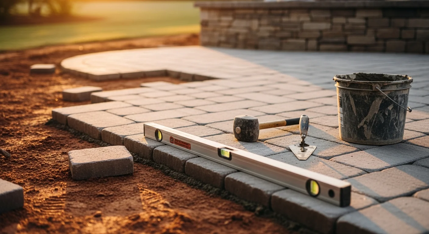 A Fort Mill backyard patio with freshly releveled pavers and a repaired retaining wall, showing tight joints and a flat, even surface. Clay soil is visible along the wall base, reflecting the local ground conditions common in Fort Mill, SC.
