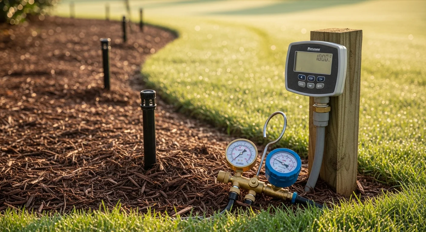 A DreamScaping technician adjusting a sprinkler head in a well-maintained residential lawn in Fort Mill, South Carolina. The surrounding turf shows even green coverage with no dry or waterlogged patches.