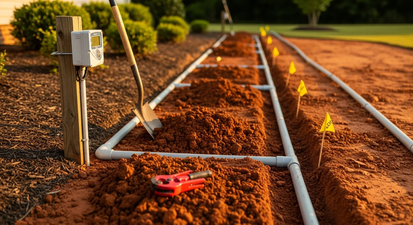 A freshly installed in-ground irrigation system with sprinkler heads positioned across a green residential lawn in Fort Mill, South Carolina. Spray heads are evenly spaced along a turf zone near a landscaped bed on a sunny afternoon.