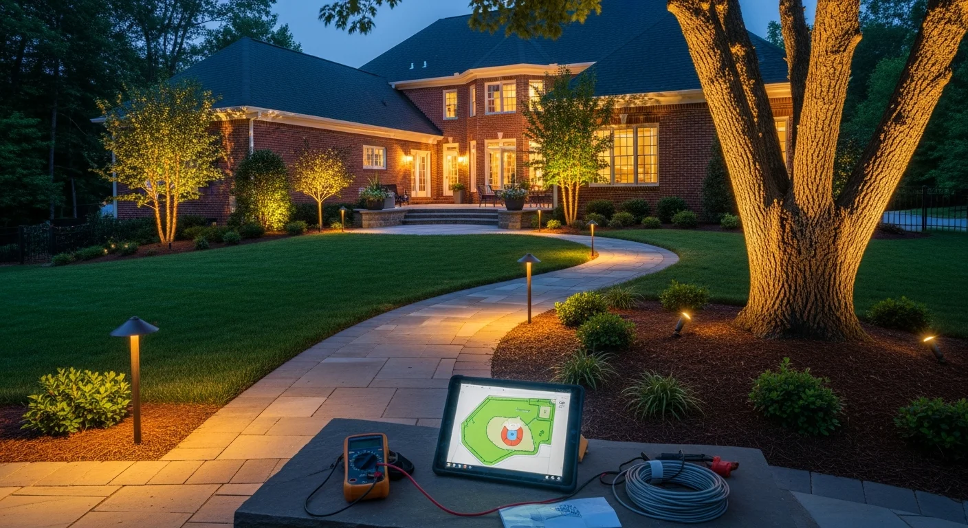 A Fort Mill home at dusk with warm LED uplighting on the front facade and low path lights lining the front walkway. Accent lighting highlights a mature tree in the front yard against a dark evening sky.