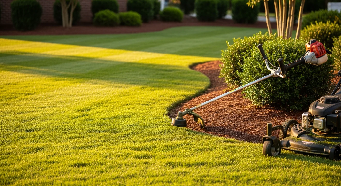 A well-maintained residential lawn in Fort Mill, South Carolina, with freshly mowed grass, clean bed edges, and trimmed shrubs along the front of a single-family home. Mulched planting beds frame the walkway under a clear summer sky.