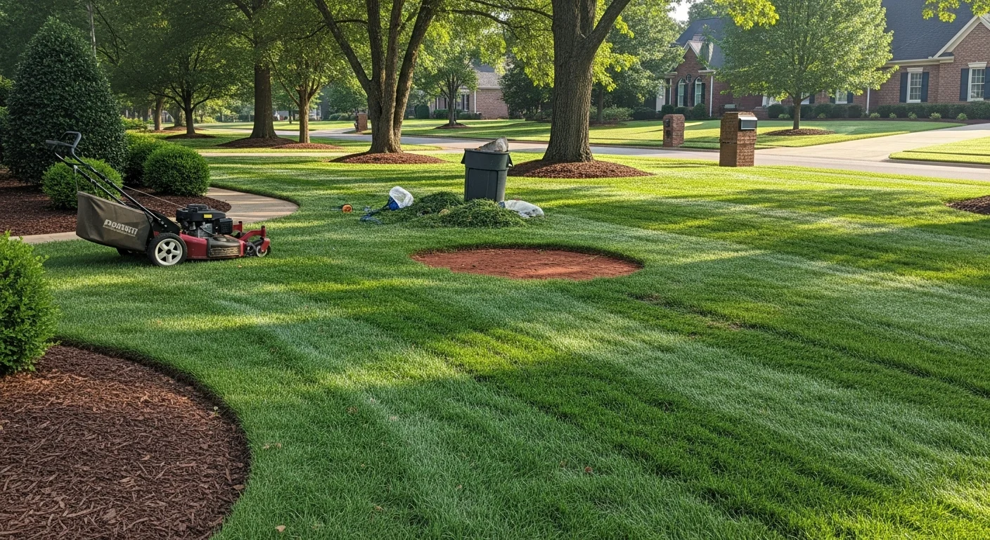 A neatly mowed and edged residential lawn in Fort Mill, SC, with clean turf lines along a concrete walkway and a well-maintained front yard. A DreamScaping crew member trims the border of a Bermuda grass lawn on a sunny day in a Fort Mill neighborhood.