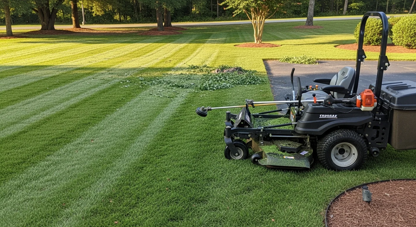 A freshly mowed residential lawn in Fort Mill, SC with clean mowing lines and edged borders along a concrete driveway. Warm-season turf shows an even, low cut height typical of a Bermuda or Zoysia lawn in the South Carolina summer.
