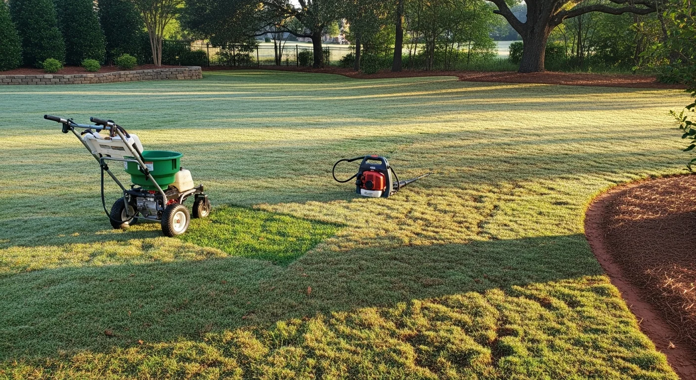 A uniformly green Bermuda grass lawn in a Fort Mill residential yard after professional lawn treatment, showing dense turf coverage with no visible weeds or bare patches. A DreamScaping technician applies a targeted treatment along the lawn's edge near a red clay soil border typical of Fort Mill properties.