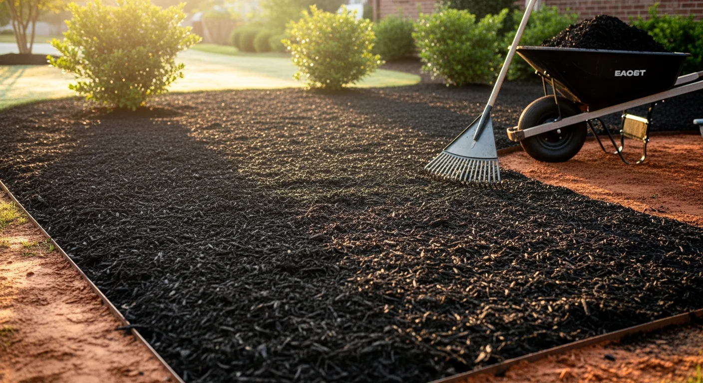 Freshly installed dark mulch covering a curved garden bed along the front of a residential home in Fort Mill, South Carolina. Neatly edged borders separate the mulched bed from a green lawn, with established shrubs centered in the bed.