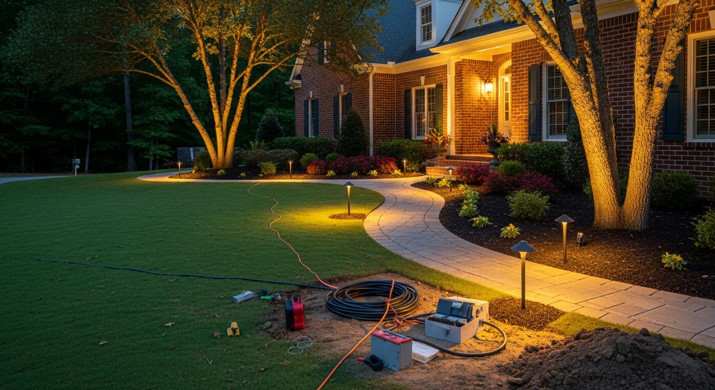 Professionally installed outdoor landscape lighting illuminating the front walkway, garden beds, and facade of a residential home in Fort Mill, SC at dusk. Warm-toned uplights highlight mature trees and architectural rooflines against a darkening sky.
