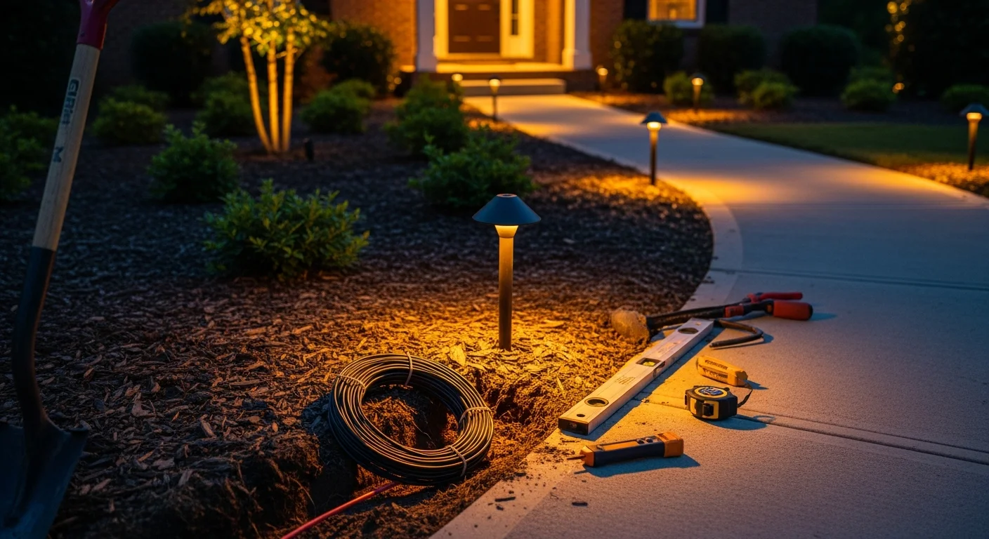 Professionally installed pathway lighting fixtures lining a curved front walkway at a Fort Mill home, casting even ground-level light across the path at dusk. Low-profile fixtures are evenly spaced along both sides of the walkway with a landscaped lawn and residential exterior visible in the background.