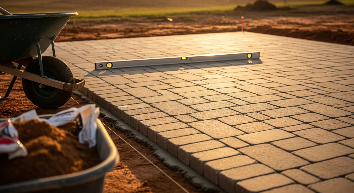 A newly installed hardscape patio in a Fort Mill backyard, showing a level surface with clean edges and surrounding lawn. The patio extends from the rear of a residential home with a graded yard and natural tree line in the background.
