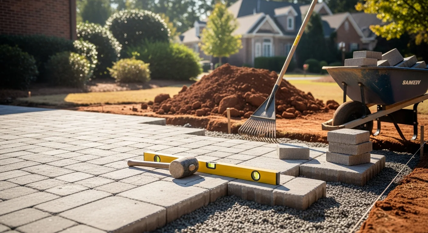 A completed paver patio installed by DreamScaping in a Fort Mill, SC backyard, showing a level stone surface with tight joints and a gradual slope away from the home's foundation. The surrounding yard reflects a typical Fort Mill residential property with red clay soil visible at the bed edges.