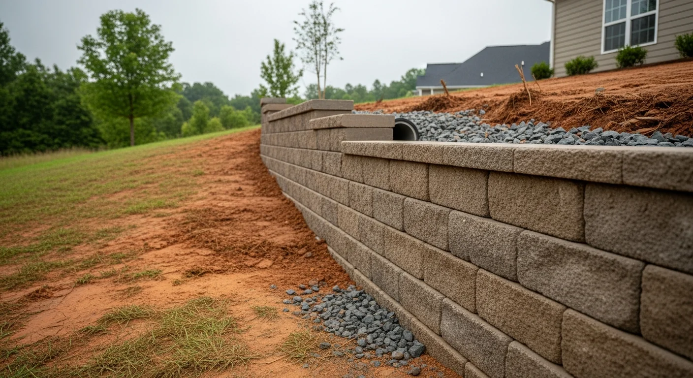 A finished multi-course retaining wall built by DreamScaping on a sloped residential property in Fort Mill, SC, with level lawn space created behind the wall and clean stone coursework visible from the yard.