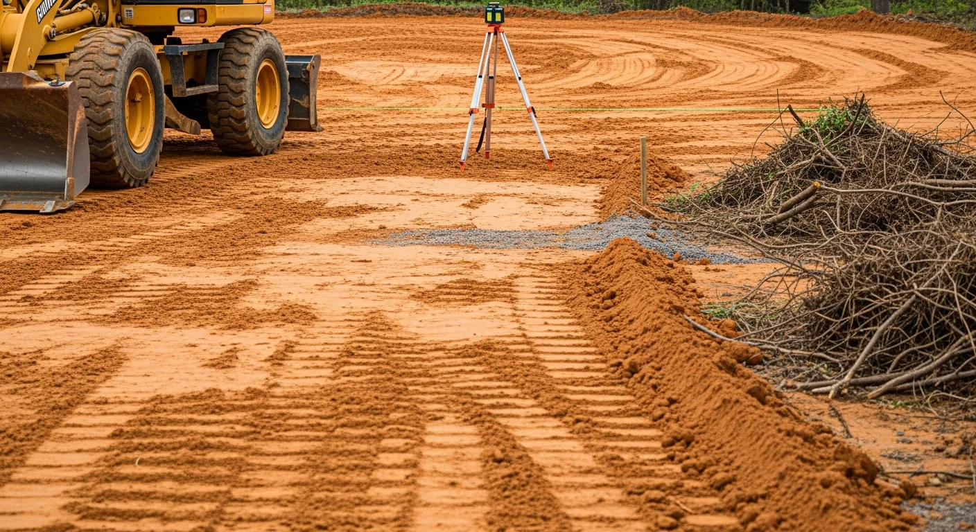A Fort Mill residential lot with freshly graded and cleared soil, ready for landscaping installation. The leveled ground shows smooth contours prepared to manage drainage across the clay-heavy Piedmont terrain.