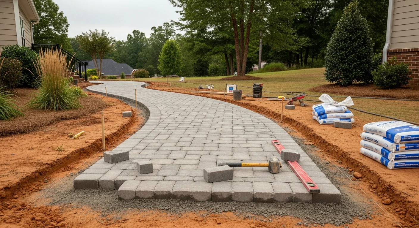A newly installed hardscape walkway leading from the front entry to the driveway of a Fort Mill, SC residential property. The path is set on a level, compacted base with clean edges and uniform jointing throughout.